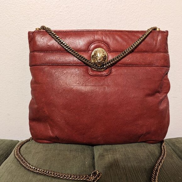 Vintage Ruth Saltz Shoulder Bag Retro 80s Burgundy Ostrich Leather Cougar Head - Picture 2 of 12